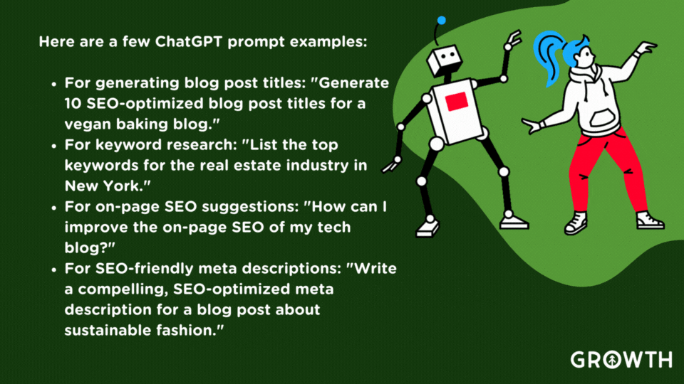 An animation of a robot and a woman in a hoodie dancing together with a list of SEO prompts for ChatGPT from Growth Operations. 