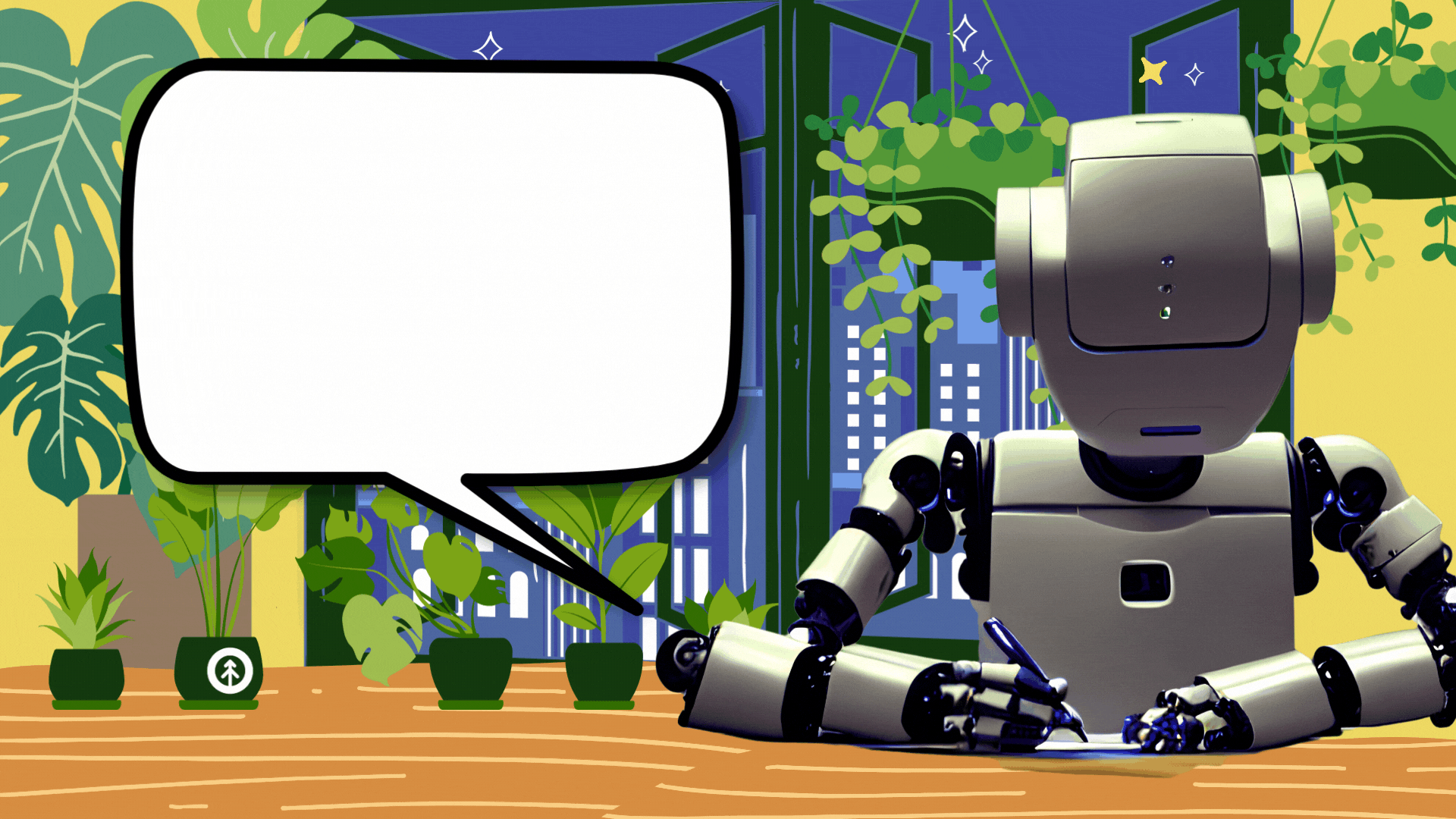 A realistic image of a robot writing with a pen against a cartoonish background with plants, a cityscape window, and a desk. A large speech bubble contains the title of the blog article "A Copywriter's Conversation with ChatGPT about ChatGPT."