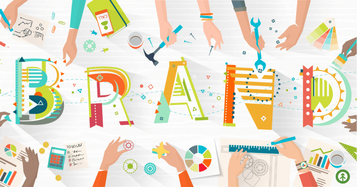A vector image of people working to design the word brand using various tools like paintbrushes and rulers.