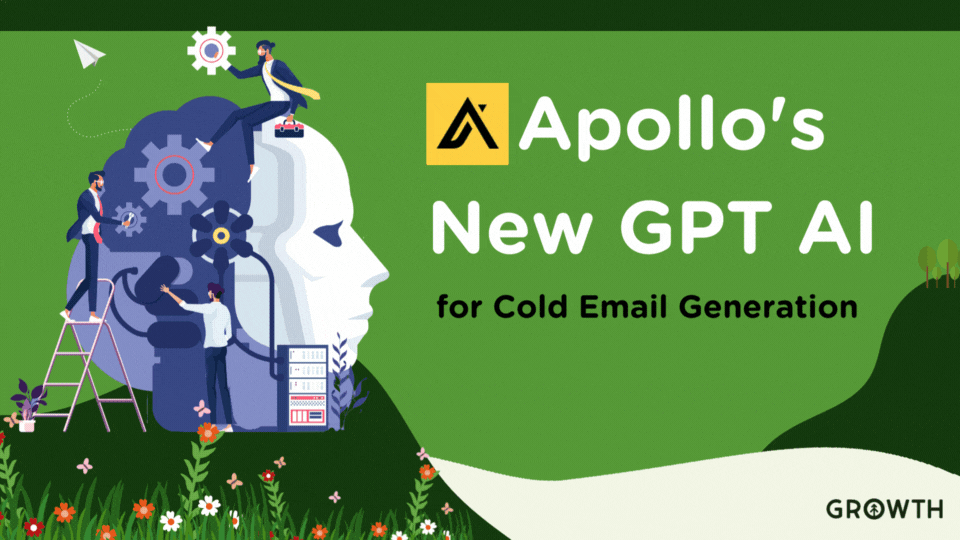 A graphic design of a dark green hill with flowers with another dark green hill with trees stands between a moving white ocean against bright green sky. On the closet hill is the head of a robot in which men in suits and ties are placing gears inside and working on it as a representation of AI technology. The title of article "Apollio.io's New GPT AI for Cold Email Generation" stands out against bright green sky with white and dark green lettering with the Apollo.io logo in yellow and black. 