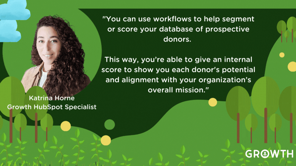 A graphic design of an outdoor scene with a bright green rolling hillside against a dark green sky. Against the sky in a bright green circle is an image of Katrina Horne, Growth HubSpot Specialist and a quote from the webinar about non-profits and HubSpot in white lettering. 