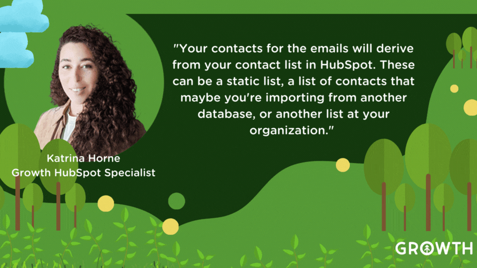 A graphic design of an outdoor scene with a bright green rolling hillside against a dark green sky. Against the sky in a bright green circle is an image of Katrina Horne, Growth HubSpot Specialist and a quote from the webinar about non-profits and HubSpot in white lettering. 