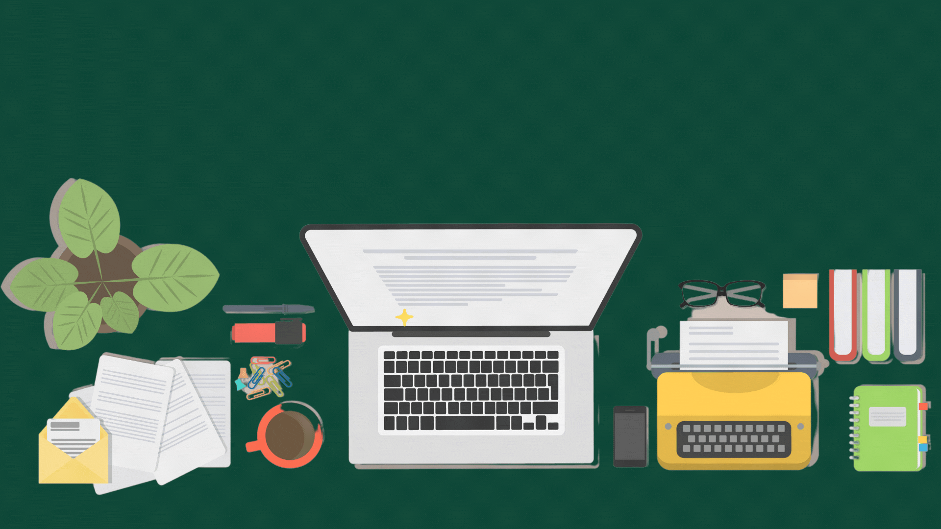 A bird's eye view of a desk with a plant, pens, laptop, typewriter, books, and glasses with the words "Blogging for SEO" at the top in yellow. 