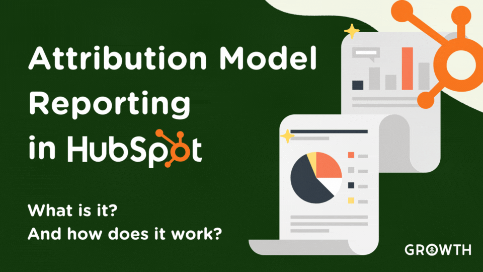 A scroll of paper with charts and graphs rolling out of a white wave with the HubSpot sprocket logo against a dark green background with the title of the article "Attribution Model Reporting in HubSpot: What is it? And How Does It Work?" in white lettering. 