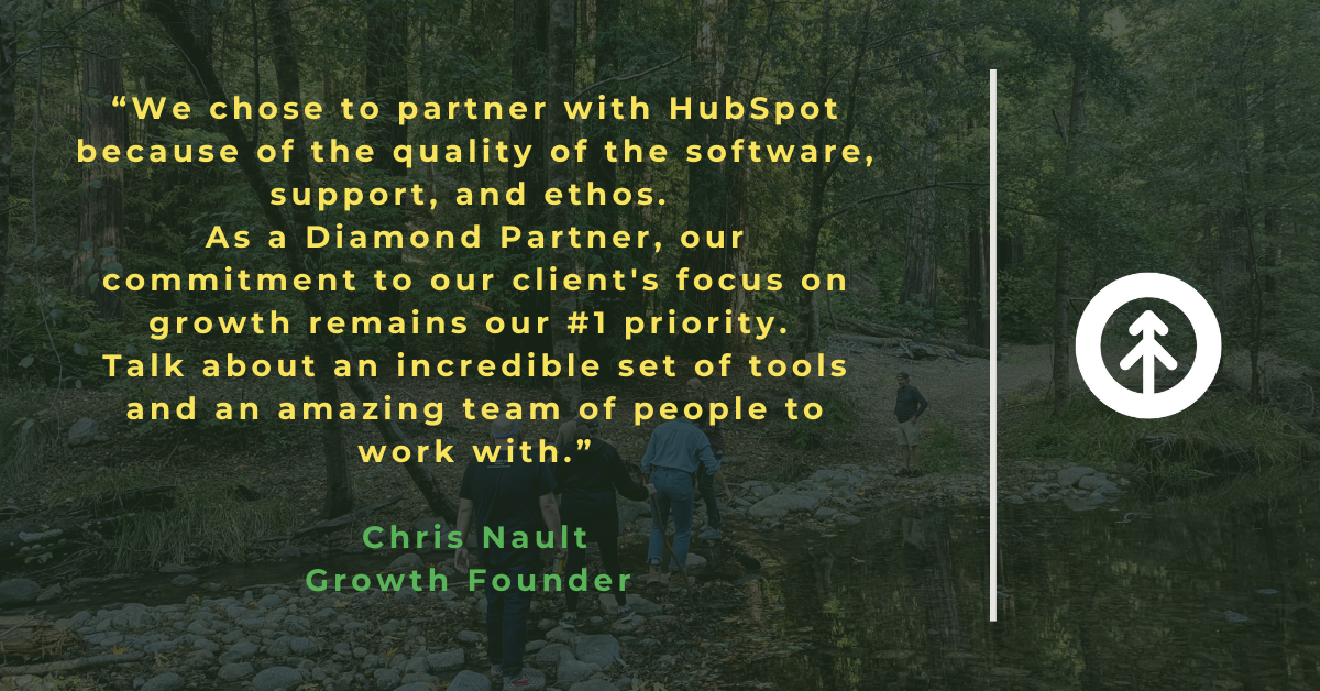 Quote from Growth Founder Chris Nault on why Growth chose to partner with HubSpot on a background of the team crossing the Little Sur River at Pico Blanco, Monterey, CA.