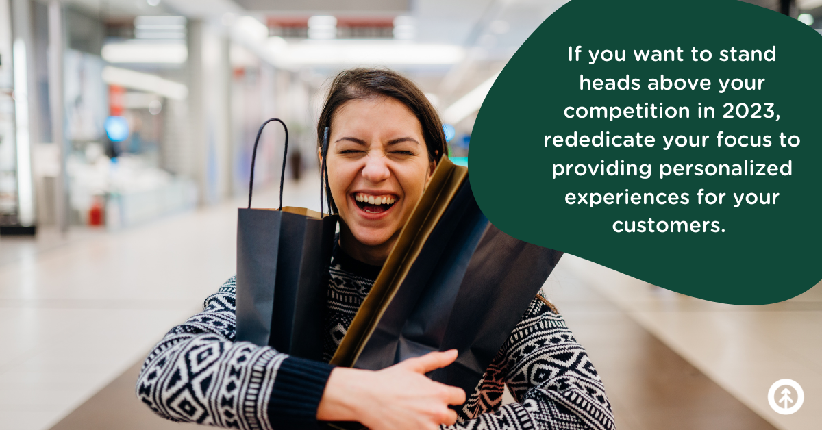 An excited person in a department store clutching shopping bags with a quote from Growth Marketing Firm.