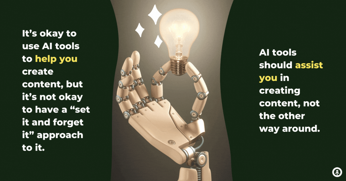 A robotic hand holding up a lightbulb with a quote from Growth Marketing Firm about AI tools best practices according to Google's Helpful Content Update. 