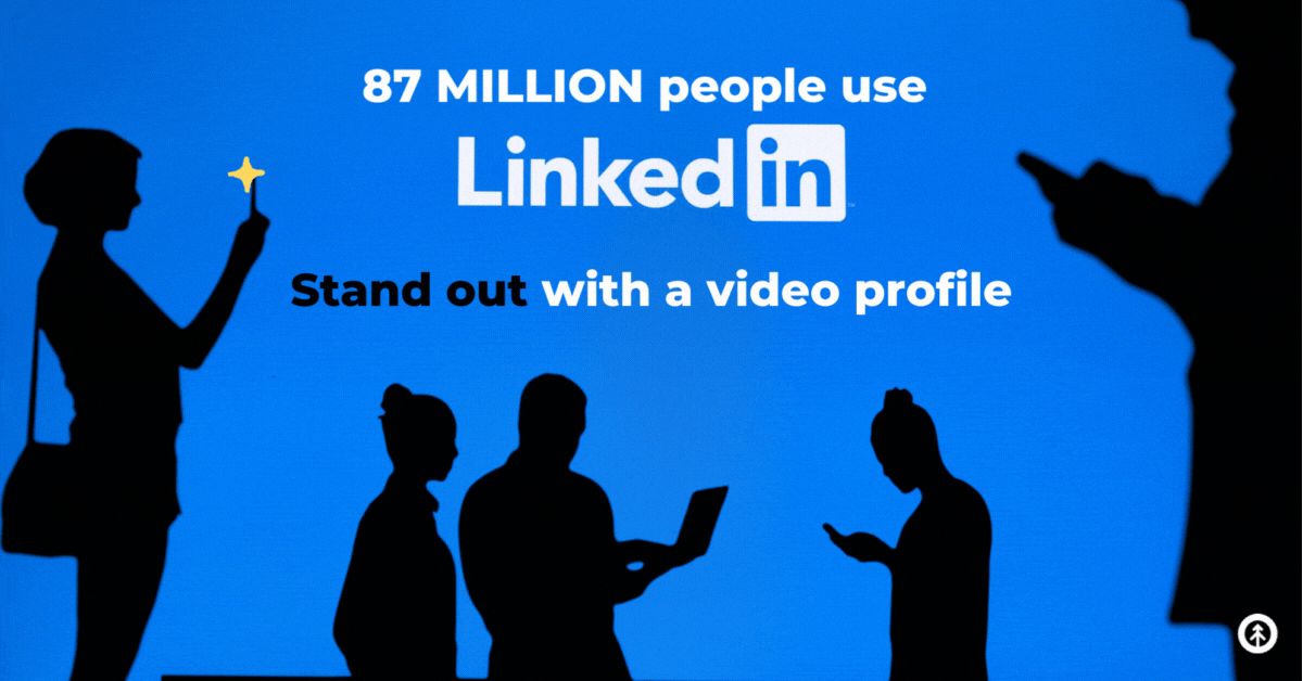 The LinkedIn icon which shows people engaging in social media activities in profile against a blue background with the words "87 million people use LinkedIn. Stand out with a video profile" from Growth Marketing Firm.