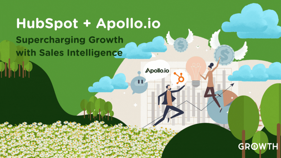 A graphic design of a field of daisies between two green hills with a trees on top with a robot and a person offering Apollo.io and HubSpot respectively to another person who's pointing to a lightbulb with one hand and coins with wings with the other. 
