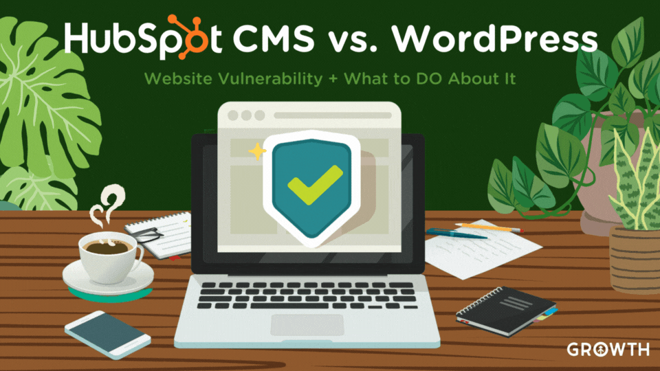 A graphic design of a laptop showing a security badge with a green check mark on the screen. It's sitting on a wooden desk surrounded by plants, books, pens, and a steaming cup of coffee with the title of the article "HubSpot CMS vs. WordPress" from Growth Marketing Firm. 