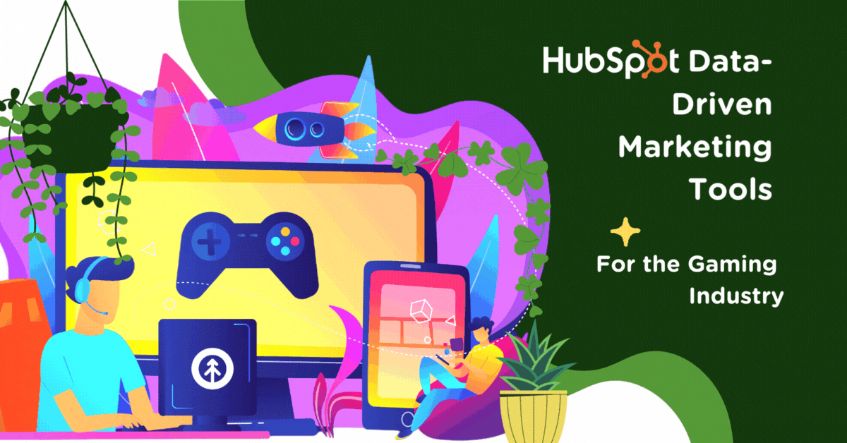 An graphic design that depicts two people playing video games on various devices with the title of the blog article "HubSpot Data-Driven Marketing for the Gaming Industry" from Growth Marketing Firm. 