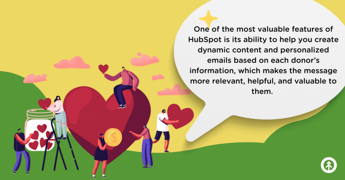 A vector image of people working around a big heart to represent non-profits engaging donors with a quote about HubSpot dynamic content + personalization tools from Growth Marketing Firm.
