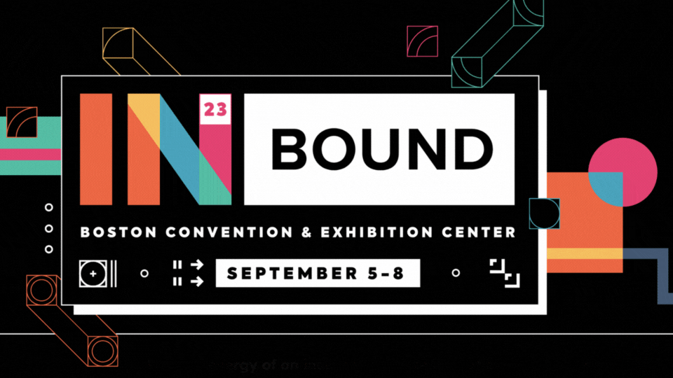 The HubSpot INBOUND 2023 logo with the Boston Convention & Exhibition Center location and the dates September 5 - 8 in white against a black background with colorful shapes and designs in the background. 