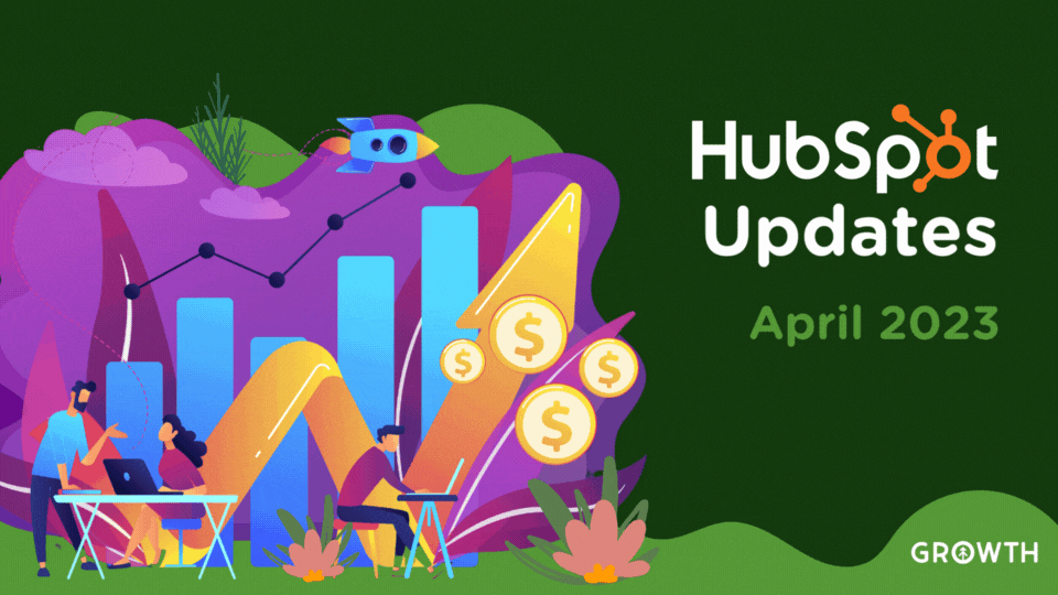 A colorful graphic design of people creating revenue online with the title of the article on the right "HubSpot Updates: April 2023" from Growth Marketing Firm. 