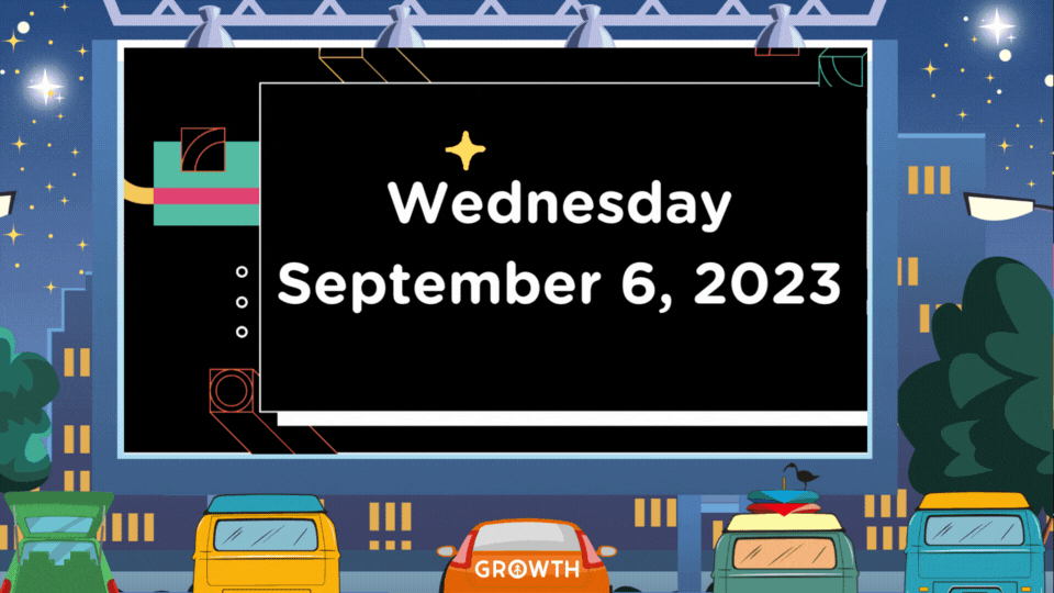 A scene from a drive-in movie at night in which part of the logo design for INBOUND 2023 is displayed with the words "Wednesday, September 6, 2023" in white lettering with gold stars twinkling around them. There are five cars of various colors and types parked in from of the screen as though watching the movie. The car in the center has the Growth Marketing Firm logo on the back. This image marks the beginning of agenda items from INBOUND 2023 that Growth is most interested in for Wednesday, September 6.