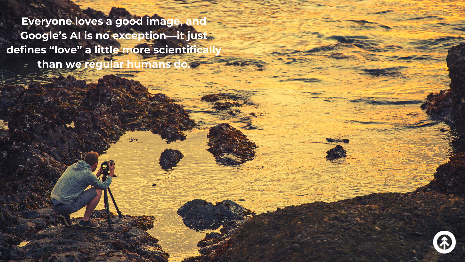 A nature photographer lining up a shot of a river lit from a golden sunset with a quote about image optimization from Growth Marketing Firm. 