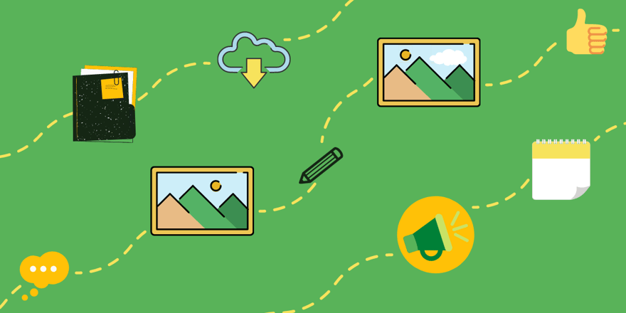 A trail design that leads to different icons that represent productivity and communication on a Growth Marketing Firm green background. 