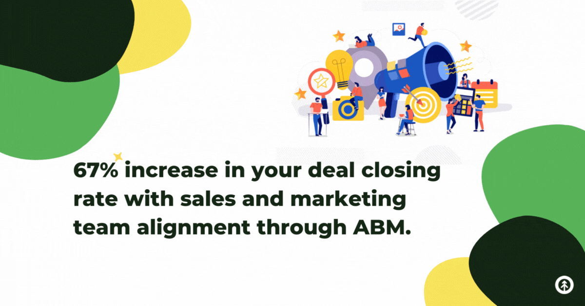 A streaming gif of the top ABM Statistics with a vector graphic of various tools and tricks for marketing and sales represented in the colorful drawing. 