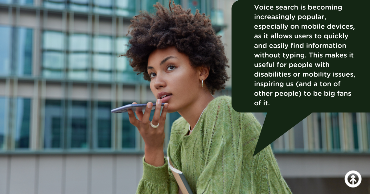 A person holding a mobile device performing a voice search with a quote from Growth Marketing Firm. 