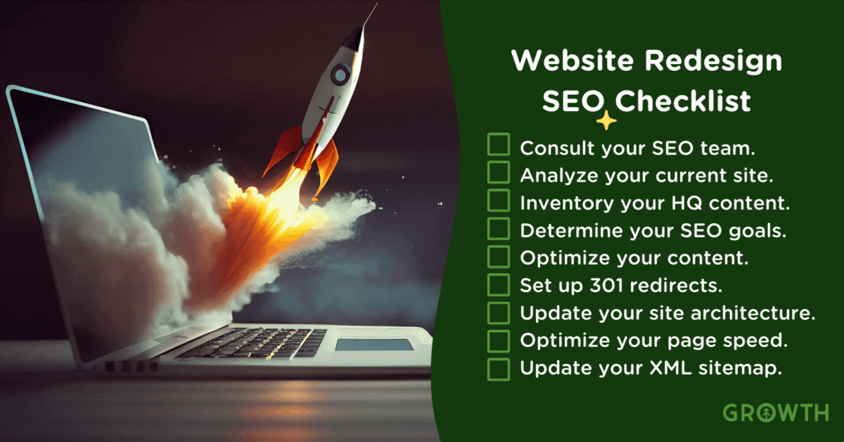 A laptop with a rocket launching out of the keyboard sitting on a wooden table with a checklist of things to do to protect your SEO during a redesign of your website. 