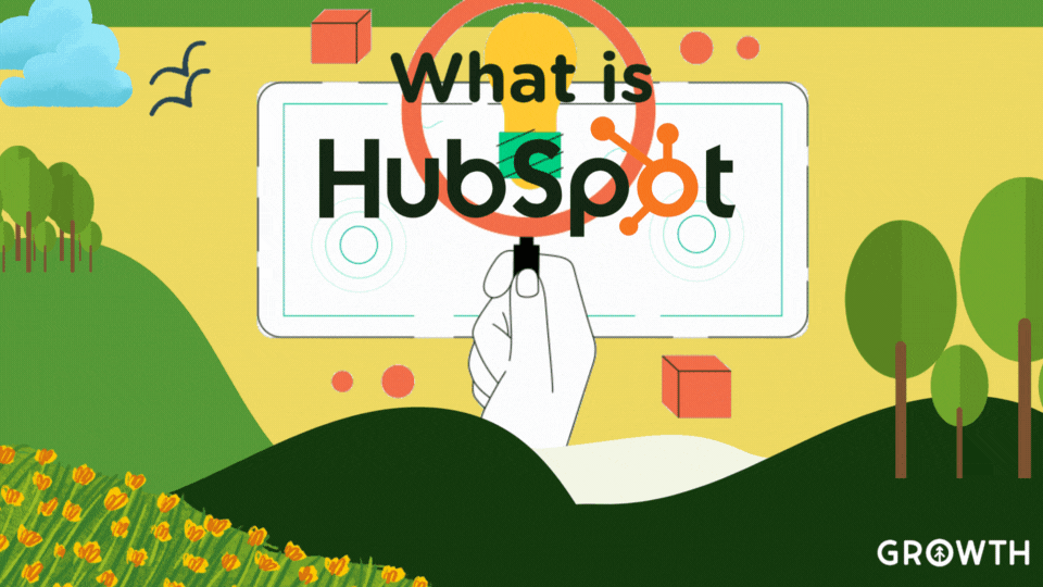 A graphic design of a series of rolling green hills with a white animated lake, green trees, and orange in yellow flowers. In the yellow sky is a few blowing clouds and birds with a large white screen with a hand holding a magnifying glass circling over the title of the article: "What is HubSpot."