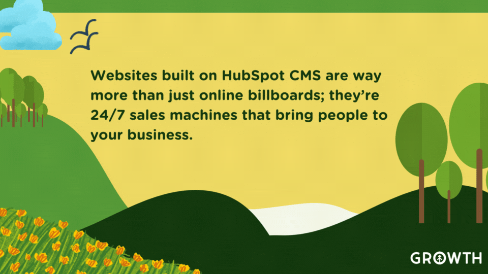 A graphic design featuring rolling green hills, trees, and orange and yellow flowers surrounding a lake of animated white waves. In the yellow sky, animated blue clouds and birds surround a quote from Growth Marketing Firm about the value of HubSpot CMS. 