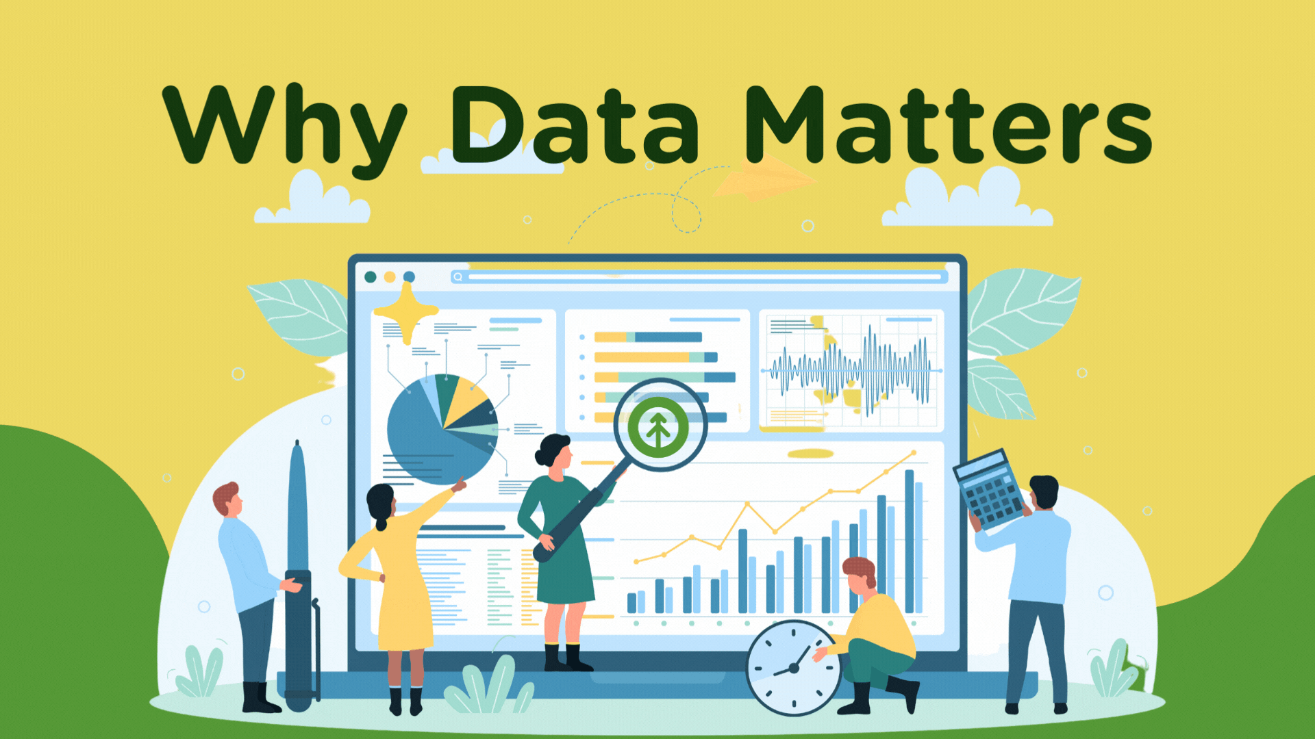 A vector image of a group of marketers analyzing data about various metrics on a large screen. 