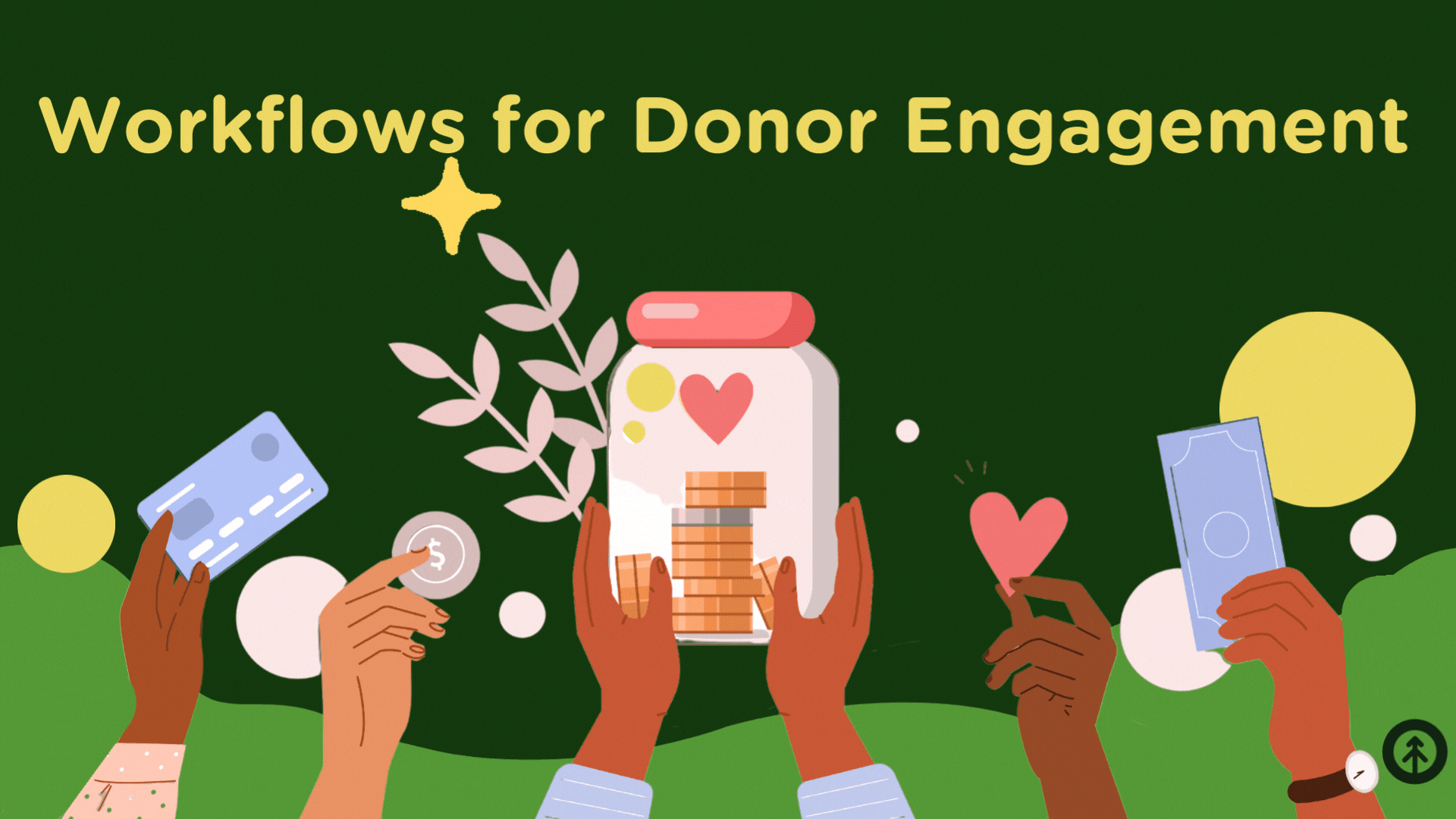 A vector image of people's hands reaching up with hearts, coins, credit cards, and money as representative of giving to a non-profit organization because of donor outreach.