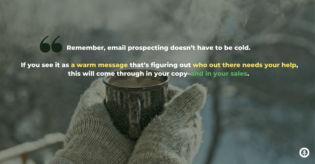 A person wearing wool mittens outside with their hands around a warm cup of cocoa with a quote from Growth Marketing Firm about cold email outreach. 