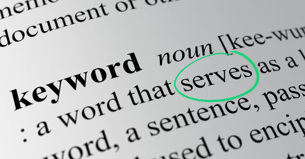 The keyword section of the dictionary with the word “keyword” and its definition highlighted with the word “serve” circled in green