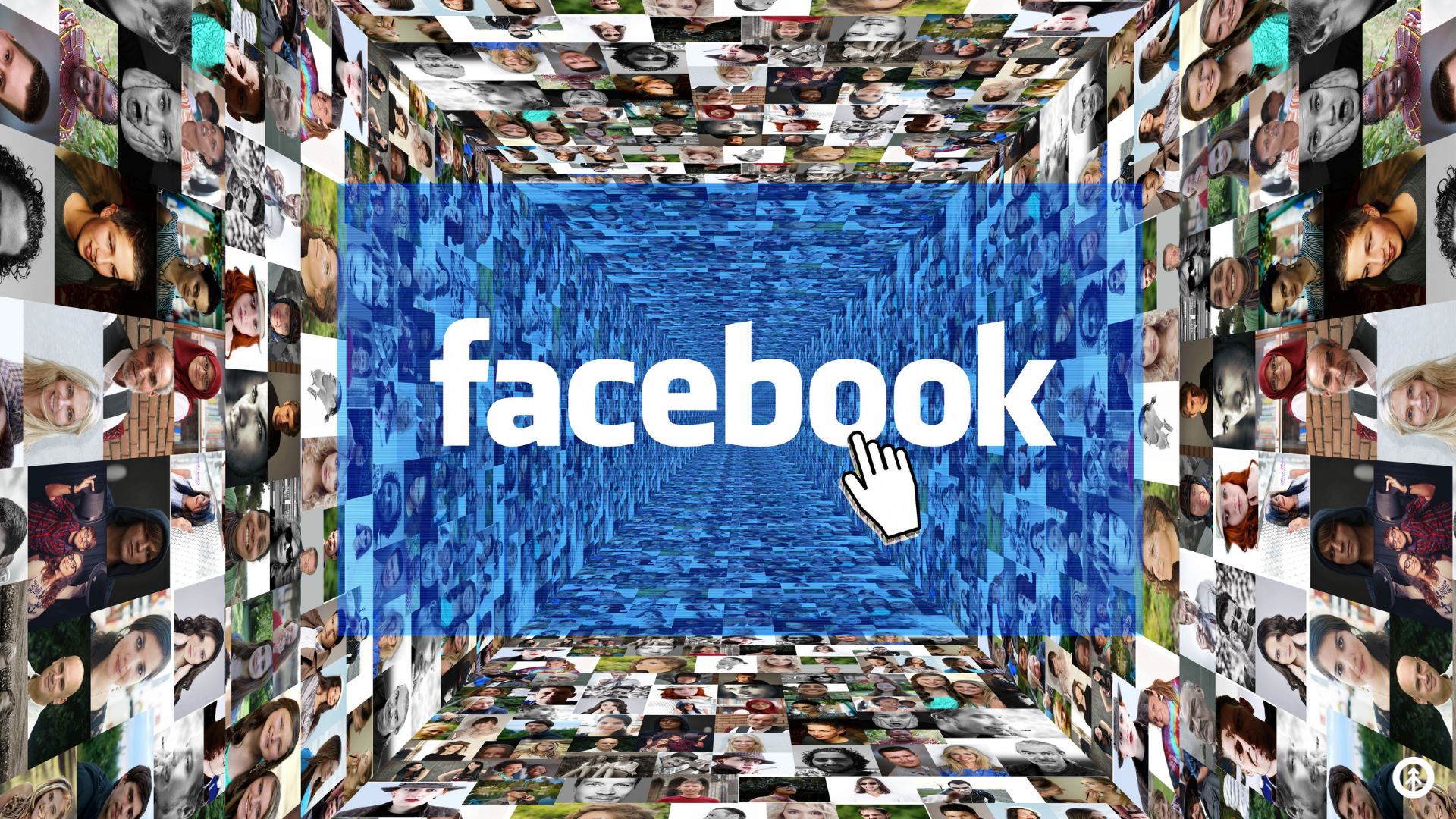 A digital design with many faces around the Facebook logo. 