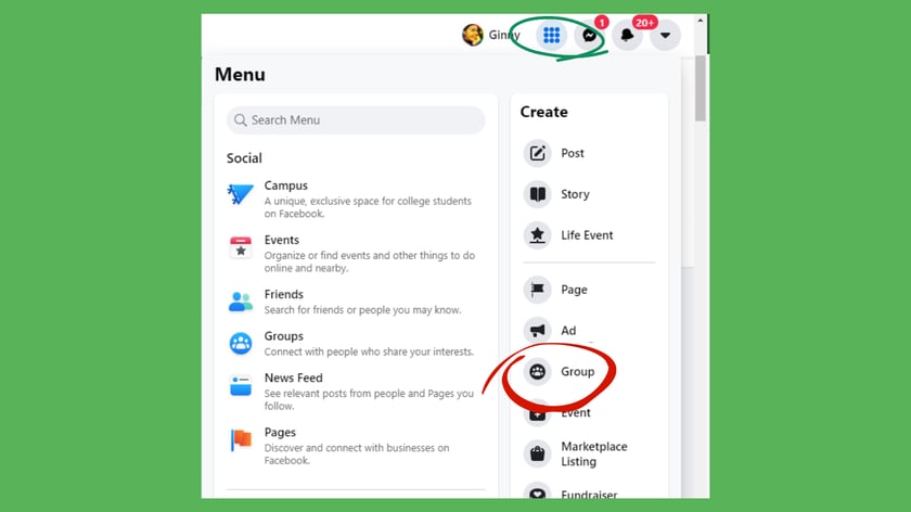 Screenshot of the Facebook menu for building a Group from an existing business page