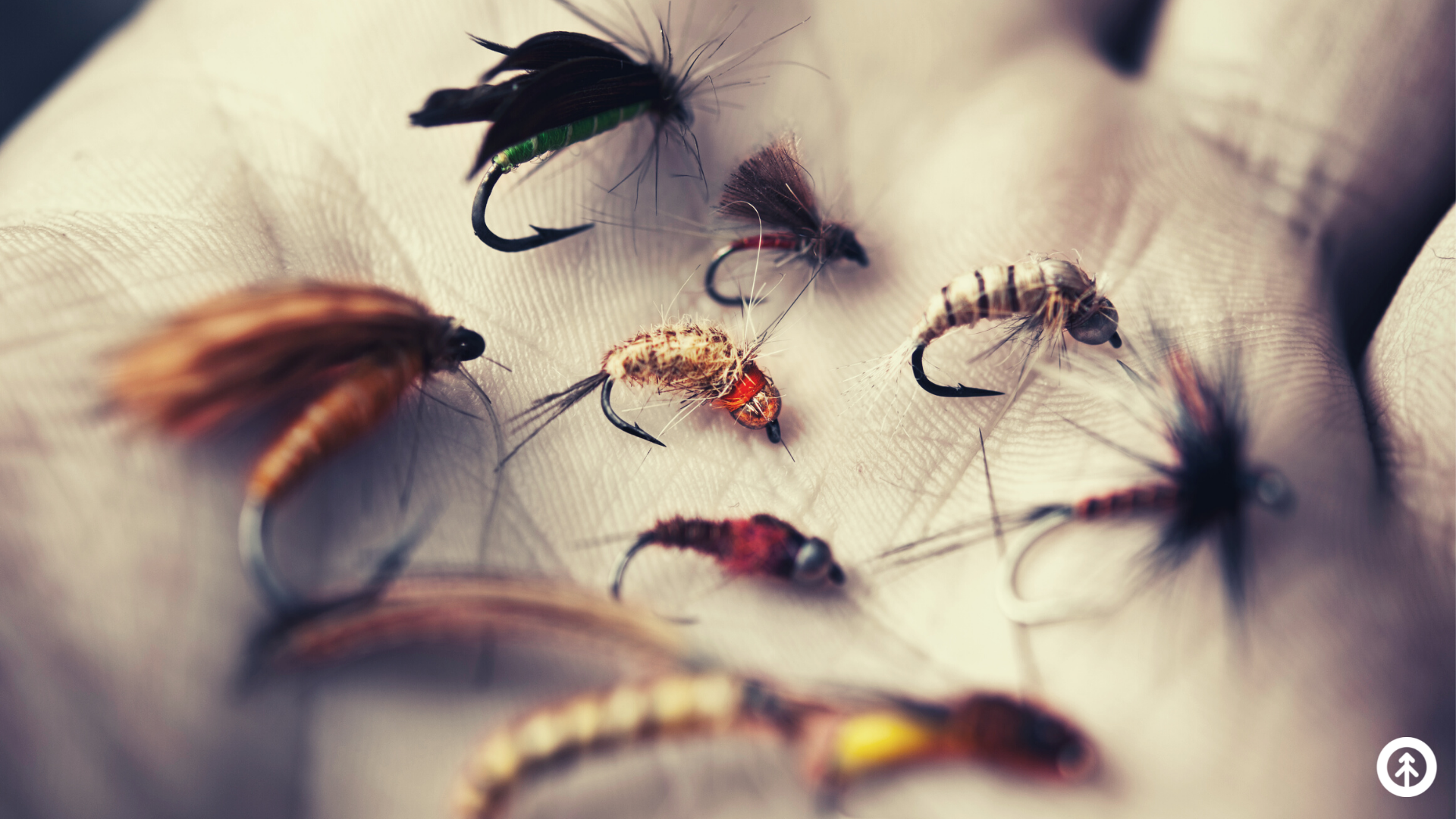 A collection of homemade fly-fishing lure on the palm of someone’s hand.
