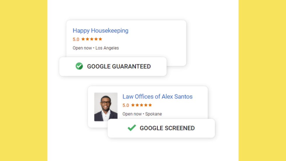 A screenshot of both the Google Guaranteed icon and a Google Screened icon for businesses using Google Local Services Ads 