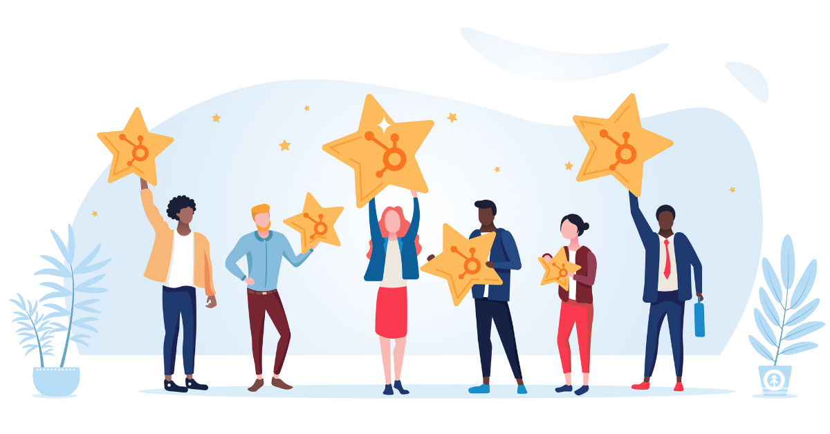 A vector graphic concept of six people in business casual dress standing together holding stars with the HubSpot sprocket logo inside. 