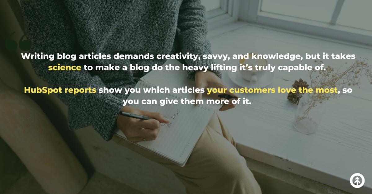 A person sitting on a windowsill writing in a notebook with a quote from Growth Marketing Firm about blog performance analysis from HubSpot. 