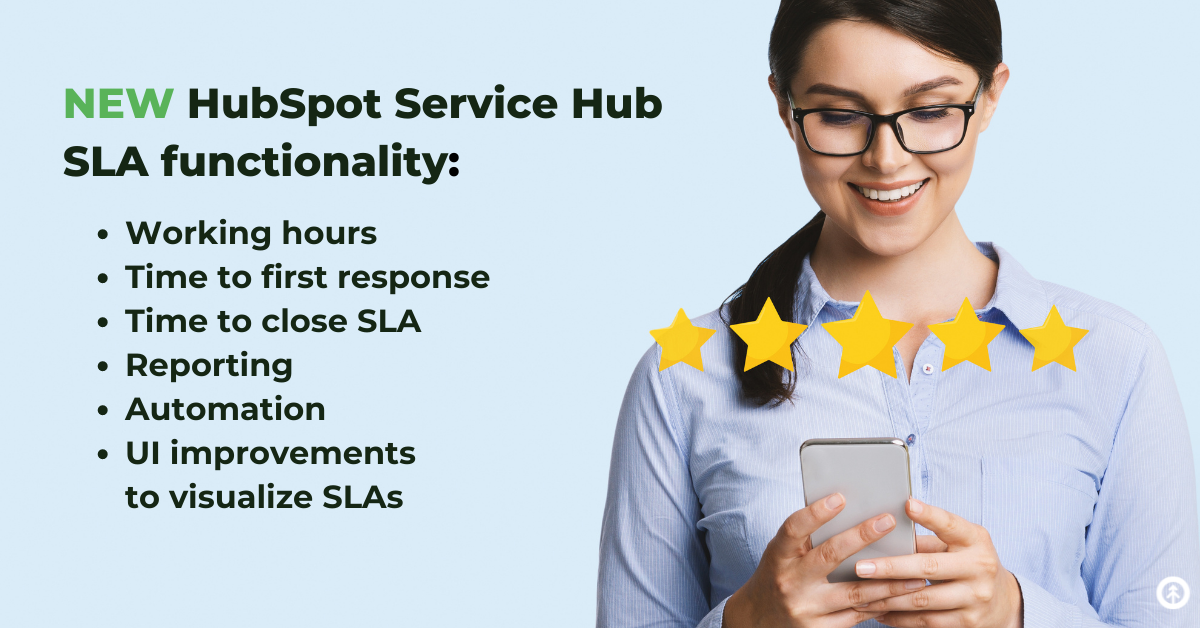 A happy customer gives a 5-star review on a mobile device with a quote from Growth Marketing Firm about the new update to SLAs in HubSpot’s Service Hub.