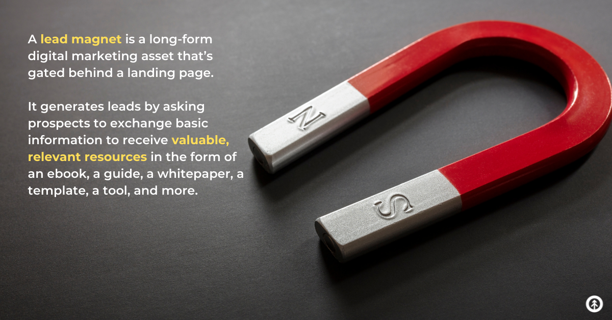 A red, metal magnet on a black background with a quote from Growth Marketing Firm about what a lead magnet is. 