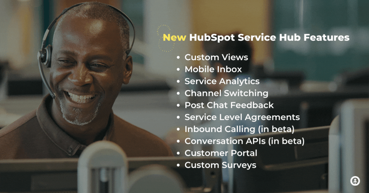 A smiling customer experience manager talks to a happy customer in a call center with a quote from Growth Marketing Firm about all the new Service Hub features from HubSpot.
