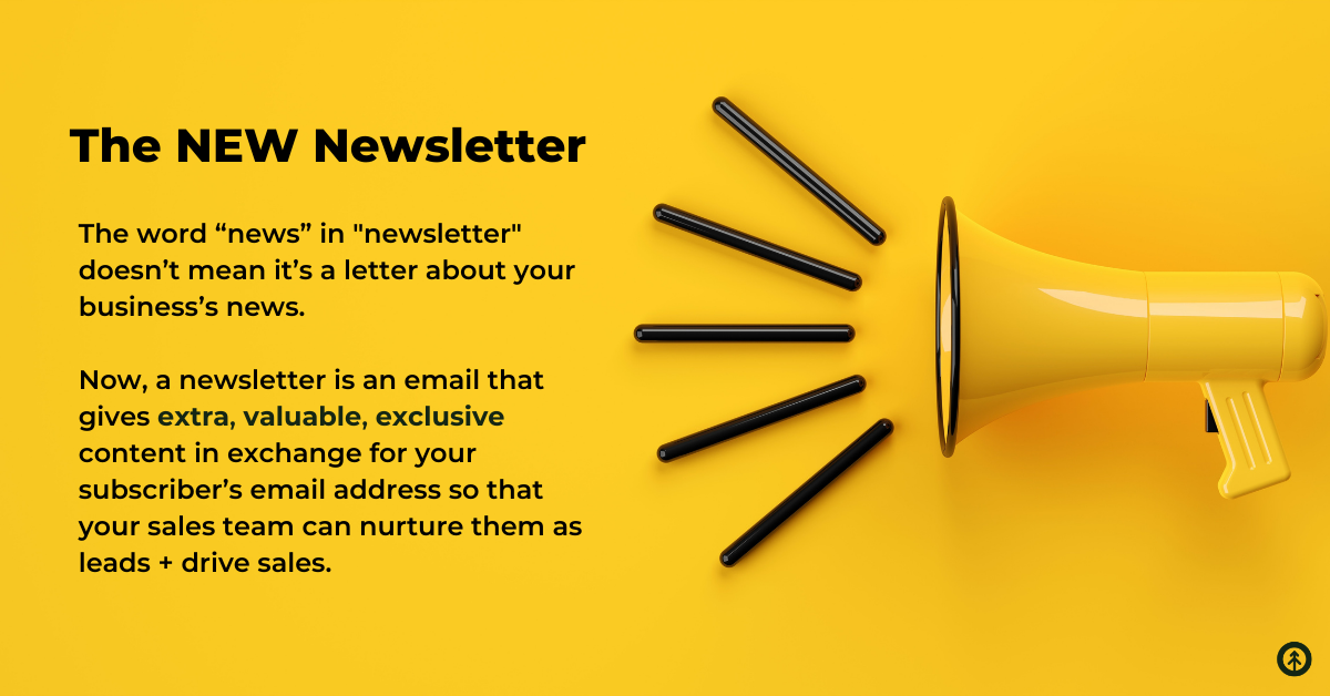 A yellow megaphone with black accents showing an infographic about newsletters from Growth Marketing Firm. 