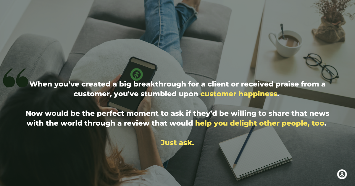 A person sitting on a sofa with their feet up looking at a mobile phone with a quote from Growth Marketing Firm about customer reviews. 