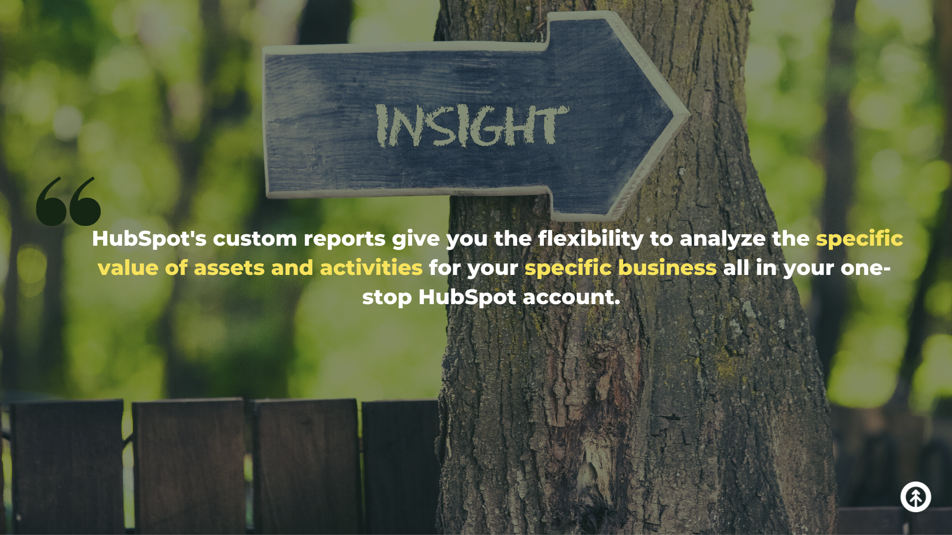 A sign that says “insights” stuck to a tree with a quote about HubSpot custom reports from Growth Marketing Firm.