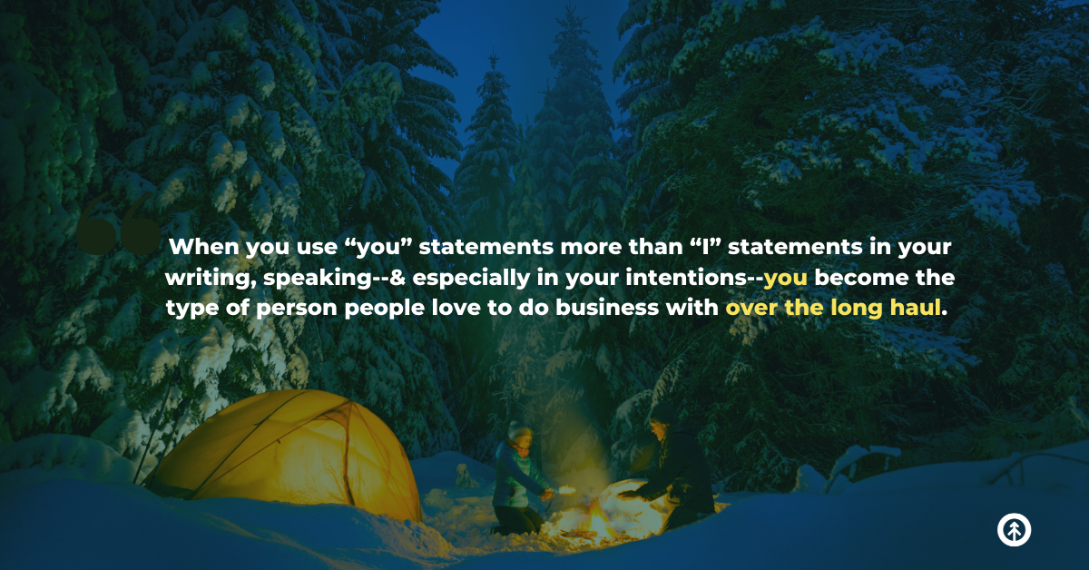 Two people sitting around a campfire in a forest in the snow with a quote from Growth Marketing Firm about cold email outreach. 