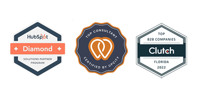 Three badges of the 2023 awards given to Growth Marketing Firm, including HubSpot, Clutch, and Upcity. 